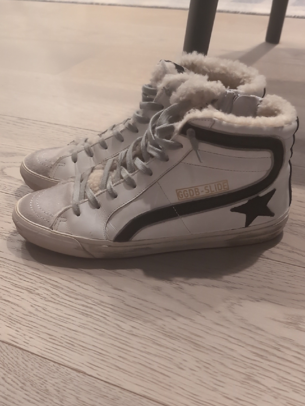 Golden Goose White High-Top Sneakers with Black Star and Cream Shearling